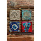 Oscar Stone Decor Taş Bardak Altlığı Stone Coasters - 4lü Set Hayat Ağacı Fil Yaşam Çiçeği BA529