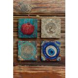 Oscar Stone Decor Taş Bardak Altlığı Stone Coasters - 4lü Set Hayat Ağacı Nar Yaşam Çiçeği BA530