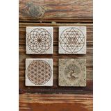 Oscar Stone Decor Taş Bardak Altlığı Stone Coasters - 4lü Set Lotus Sri Yantra Yaşam Çiçeği BA544