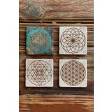 Oscar Stone Decor Taş Bardak Altlığı Stone Coasters - 4lü Set Lotus Sri Yantra Yaşam Çiçeği