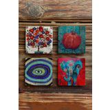 Oscar Stone Decor Taş Bardak Altlığı Stone Coasters - 4lü Set Nar Ağacı ve Fil ve Nazar Göz