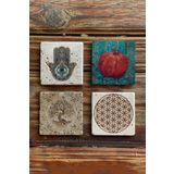 Oscar Stone Decor Taş Bardak Altlığı Stone Coasters - 4lü Set Nar Yaşam Çiçeği Fatma Ana Eli BA535