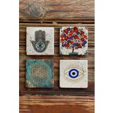 Oscar Stone Decor Taş Bardak Altlığı Stone Coasters - 4lü Set Nazar Bocuğu Fatma Ana Eli Nar Ağacı BA536