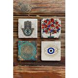 Oscar Stone Decor Taş Bardak Altlığı Stone Coasters - 4lü Set Nazar Bocuğu Fatma Ana Eli Nar Ağacı