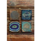 Oscar Stone Decor Taş Bardak Altlığı Stone Coasters 4lü Set Nazar Göz Yaşam Çiçeği BA548