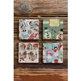 Oscar Stone Decor Yeni Yıl Yılbaşı Baskılı Doğal Taş Bardak Altlığı 4'lü Set Tile - Coaster Set YBA-005