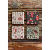 Oscar Stone Decor Yeni Yıl Yılbaşı Baskılı Doğal Taş Bardak Altlığı 4'lü Set Tile - Coaster Set YBA-034
