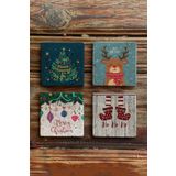 Oscar Stone Decor Yeni Yıl/yılbaşı Baskılı Doğal Taş Bardak Altlığı 4'lü Set Tile - Coaster Set YBA-030