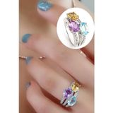 Ose Shop Sky Diamond Taşlı Sitrin Ametist ve Aquamarin Taşlı 925ayar Gümüş Üzerine Beyaz Altın Kaplama Tarz Yüzük