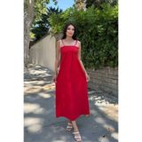 oshebu Kırmızı – Pamuklu Uzun Yazlık Kadın Elbise – Omuzdan Bağlamalı Askılı Büzgülü Astarsız