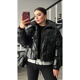 Oslove Siyah Bel Büzgülü Parlak Şişme Mont