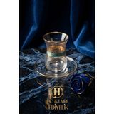 Osmanlı Çay Bardak Seti | 6 Kişilik Çay Takımı | Motif Desenli Platin Işlemeli Lüks Çay Takımı | Gold Cam Çay Bardağı Takımı - Altın