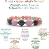 Osmanlı Değerli Taş Hakiki Orijinal Sertifikalı Yemen Akiği-Larimar-Kunzit-Zümrüt-Hematit Doğal Taş Misinalı Bileklik