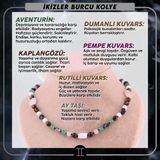 Osmanlı Değerli Taş Ikizler Burcu Kolye-Kaplan Gözü-Ay Taşı-Yeşim-Pembe Kuvars-Kırmızı Akik-Güneş Taşı
