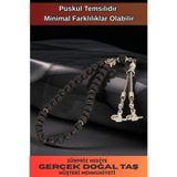 Osmanlı Gümüş Erkek Doğal Taş Tespih - Doğal Siyah Lav Taşlı Ortaboy Tesbih