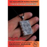Osmanlı Gümüş Erkek Gümüş Kolye - Büyük Boy Gümüş Allah ve Muhammed Yazılı Kitap Model Muska Haznesi Cevşen