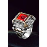 Osmanlı Gümüş Erkek Gümüş Yüzük - Kırmızı Kehribar Taşlı Teşkilatı Mahsusa İşlemeli Erkek Yüzük