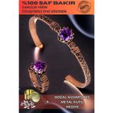 Osmanlı Gümüş Kadın Bakır Bileklik Yüzük Set - Ametist Taşlı Ağaç Kabuğu Model İnce Metal Kutu Kuvars Taşlı Set