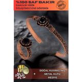 Osmanlı Gümüş Kadın Bakır Bileklik Yüzük Set - Oniks Taşlı Yuvarlak Ağaç Kabuğu Model İnce Metal Kutu Kuvars Taşı
