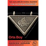 Osmanlı Gümüş Orta Boy Tuğralı Gümüş Muska Haznesi Deri Kolye Hediyeli