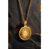 Osmanlı Gümüş Steel Aether Altın Kaplama Çelik Kolye Yunan Tanrısı Medusa Model 2 İşlemeli Yuvarlak Plaka Kararmaz