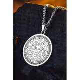 Osmanlı Gümüş Steel Aether Çelik Kadın Kolye Yunan Tanrısı Medusa İşlemeli Yuvarlak Plaka Kararmaz