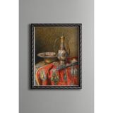 Osmanlı İşlemeli Bakır İbrik Natürmortu - Vintage Desenli Çerçeve - İnce Model, Gümüş, 30 x 40