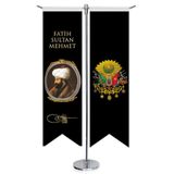 Osmanlı Padişahları - Fatih Sultan Mehmet ve Osmanlı Arması-Kırlangıç-Saten T direk 2li Masa Bayrağı