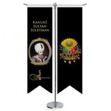 Osmanlı Padişahları - Kanuni Sultan Süleyman ve Osmanlı Arması - Saten T direk 2li Masa Bayrağı