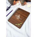 Osmanlı Tuğrası Ahşap Kapaklı Spiralli Defter - Çizgisiz Defter - 60 Yaprak (120 Sayfa) - A5 15X21CM