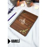Osmanlı Tuğrası Ahşap Kapaklı Spiralli Defter - Kareli Defter - 60 Yaprak (120 Sayfa) - A5 15X21 cm
