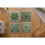 Osmanlı ve Çini Desenli Doğal Taş Bardak Altlığı Yeşil- 4'lü Set - 10 x 10 cm
