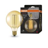 Osram Vintage 1906 altın tonlu LED lamba, 5,8 W, 470 lm, küre şeklinde, 125 mm çap ve E27 duy, sıcak beyaz ışık rengi, düz filament, kısılabilir, 15.000 saate kadar kullanım ömrü