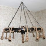 Otantik Çarşı Ahşap Halatlı Teker Avize 100 Cm. 13'lü Serbest Sarkıtlı - Koyu Kahverengi