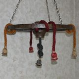 Otantik Çarşı Ahşap Renkli Halatlı Teker Avize 70 cm. 5'li Serbest Sarkıtlı