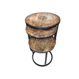 Otantik Çarşı Eskitme Ahşap Ferforje Oymalı Yuvarlak Sehpa 3'lü Set KNA210