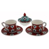 Otantik Çini Osmanlı Kırmızı Fon Lotus Çiçeği Fincan Takımı 2'li