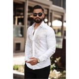 Otantik Motifli Slim Fit Erkek Taş Işlemeli Gömlek - Beyaz