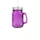Otantik Pipetli Cam Kavanoz Kupa 400ML Meşrubat Limonata Bardağı 4 Renk - Pembe
