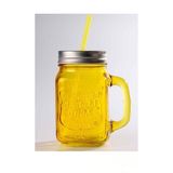 Otantik Pipetli Cam Kavanoz Kupa 400ML Meşrubat Limonata Bardağı 4 Renk - Sarı