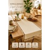 OTEXSA %100 Pamuk Püsküllü Runner 40x110 cm | Bohem Otantik Kare Desen Dantel Detay Masa Örtüsü Premium