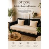 OTEXSA Bohem Dokulu Koltuk Örtüsü ve 2'li Püsküllü Kırlent Kılıfı Dekoratif Salon Seti