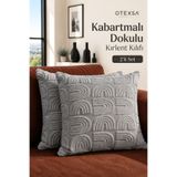 OTEXSA Kabartmalı Dokulu 2'li Gri Kırlent Kılıfı Modern Dekoratif Koltuk Yastık Kılıfı
