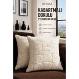 OTEXSA Kabartmalı Dokulu 2'li Kırlent Kılıfı Krem Dekoratif Modern Koltuk ve Kanepe Yastık Kılıfı