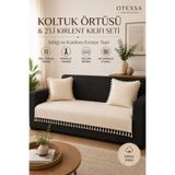 OTEXSA Püsküllü Kare Dokulu Koltuk Örtüsü ve 2'li Kırlent Kılıfı Seti Bohem Dekoratif Salon Takımı