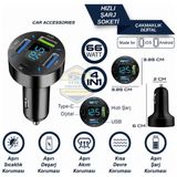 Otokap Universal Araç Çakmaklık Hızlı Şarj Soketi 4in1 Dijital Ekranlı 66 Watt USB Type C 12V-24V Oto Şarj Adaptörü - Siyah
