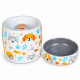Otomatik Filtreli Seramik Köpek Su Pınarı ve Mama Kabı 2'li SKöpek Su Pınarı ve Mama Kabı 2'li Set Otomatik Filtreli Pompalı Porselen Seramik Su Sebili, 1.3 L, 600 ml Kase, LED Işıklı, Antrasit-kopek