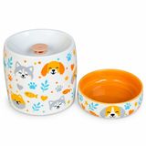 Otomatik Filtreli Seramik Köpek Su Pınarı ve Mama Kabı 2'li SKöpek Su Pınarı ve Mama Kabı 2'li Set Otomatik Filtreli Pompalı Porselen Seramik Su Sebili, 1.3 L, 600 ml Kase, LED Işıklı, Sari-kopek