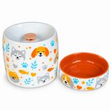 Otomatik Filtreli Seramik Köpek Su Pınarı ve Mama Kabı 2'li SKöpek Su Pınarı ve Mama Kabı 2'li Set Otomatik Filtreli Pompalı Porselen Seramik Su Sebili, 1.3 L, 600 ml Kase, LED Işıklı, Turuncu-kopek