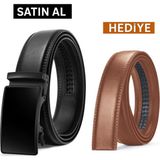 Otomatik Tokalı Deliksiz Kemer /taba Rengi Yedek Kemer Hediye - 110 cm - Taba - Siyah